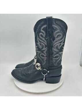 Dan Post Men Size 12 Black.stitch Leather Silver Chain Strap Harness Cowboy Boot